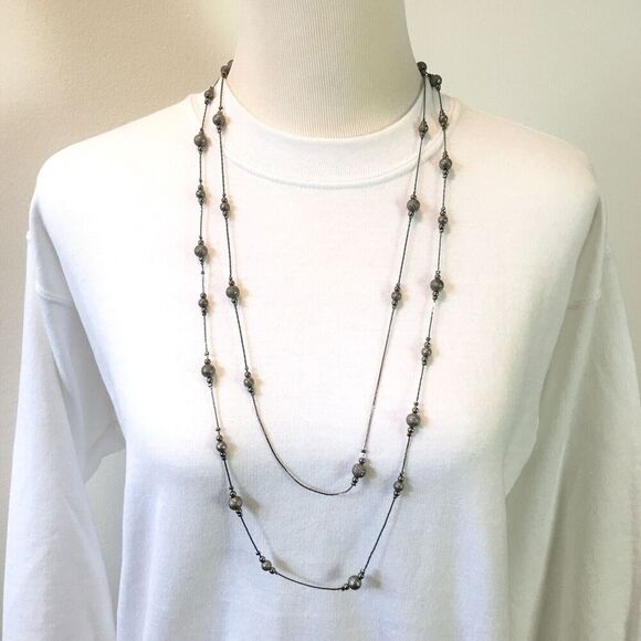 Beaded Necklace 34 inch Double Layer Triangle Chain Dark Gray Silver Tone - Picture 11 of 11
